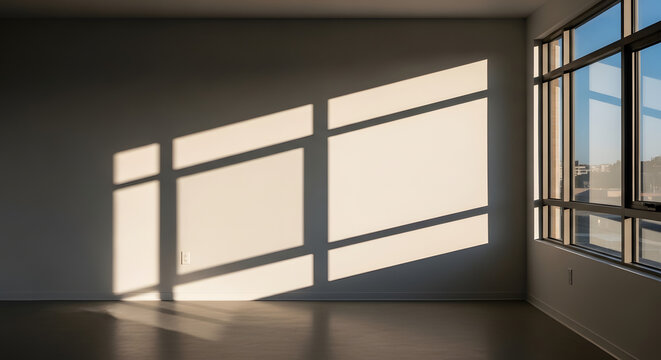 Sunlight casting long window shadows in an empty minimalist room.