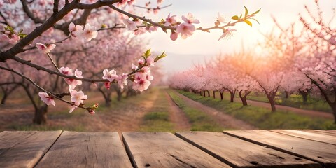 Blooming Cherry Blossom Orchard with Rustic Wood Table - Springtime Serenity