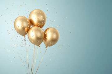Minimal celebration illustration with floating gold balloons and light confetti sparkle