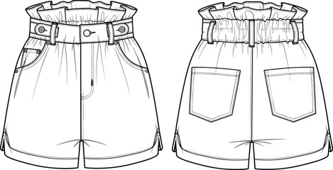 High waist denim paper bag shorts front and back technical flat sketch, fashion vector illustration, summer style, detailed clothing design