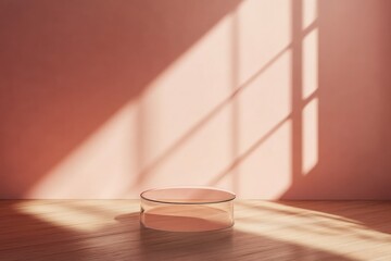 Minimalist mockup with glass pedestal casting looping shadow, wooden floor and pastel peach backdrop