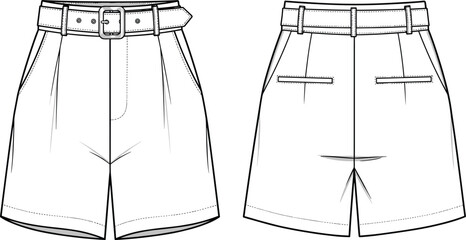 High-waisted belted shorts technical flat sketch with front and back views, formal tailored style, pocket details, vector fashion illustration