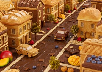Creative imaginary city with buildings made of bread, roads made of chocolate, and cookies shaped like cars.