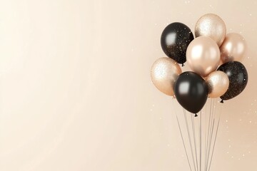 Minimalistic luxury banner with shiny New Year balloon cluster and sparkle details
