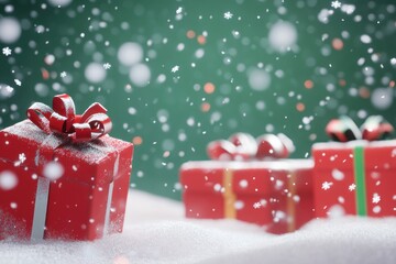 Merry Christmas scene with gift boxes under falling snow, red and green color scheme, 3D style