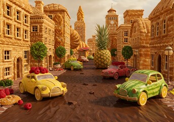 Creative imaginary city with buildings made of bread, roads made of chocolate, and cookies shaped like cars.