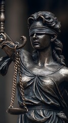 Close-up of the statue of Justice with blindfold and sword on a dark background