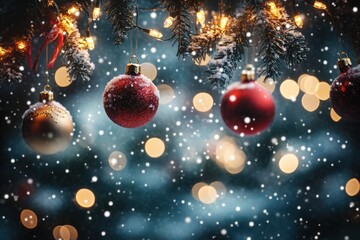 Fototapeta premium Magical winter background with Christmas lights, ornaments and falling snow, poster concept