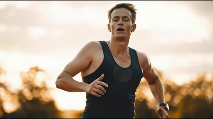 Close-up of athlete with prosthetic leg running on track at sunset, symbolizing strength, determination, and adaptive sports - Powered by Adobe