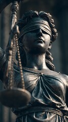 Close-up of the statue of Justice with blindfold and sword on a dark background