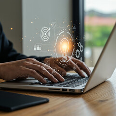  Person Using Holographic Digital Icons on Laptop