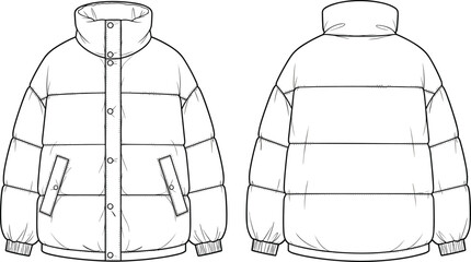 Puffer jacket flat sketch with front and back view, high collar, side pockets, winter outerwear vector template, fashion design illustration