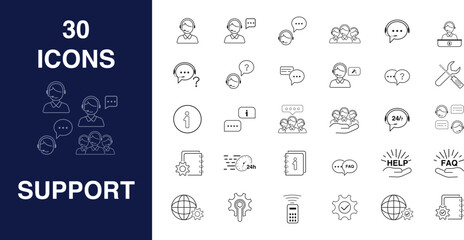 30 Essential Support Icons: Versatile Design Elements,  icons are simple, black line suitable for various applications, each representing a distinct support-related concept.