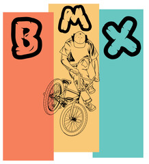 Stylized illustration featuring a male BMX biker in action, with title BMX great for apparel, event posters, or digital media focusing on extreme sports.