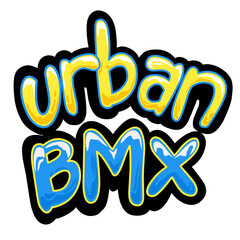 Dynamic "Urban BMX" logo. Bold, graffiti-style letters in yellow and blue, outlined in black. Perfect for extreme sports, youth culture, and street art themes.