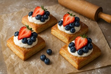 Golden Puff Pastry Squares Topped with Cream, Strawberries, and Blueberries Delight