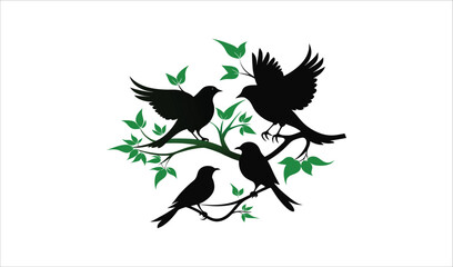 Silhouette birds on branch with green leaves