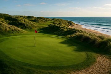 Picturesque Golf Green on Coastal Dunes Overlooking Ocean on Sunny Day in Ireland
