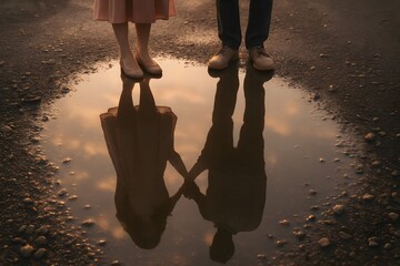Reflection of a Couple Holding Hands in a Puddle at Sunset in a Rural Setting
