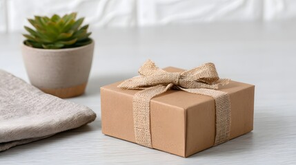 Simple kraft gift box with beige ribbon on white table