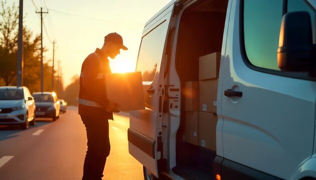 A courier man loading cardboard boxes into a logistics van during sunset. Concept of package delivery, e-commerce shipping, and last mile logistics service on an urban road.
