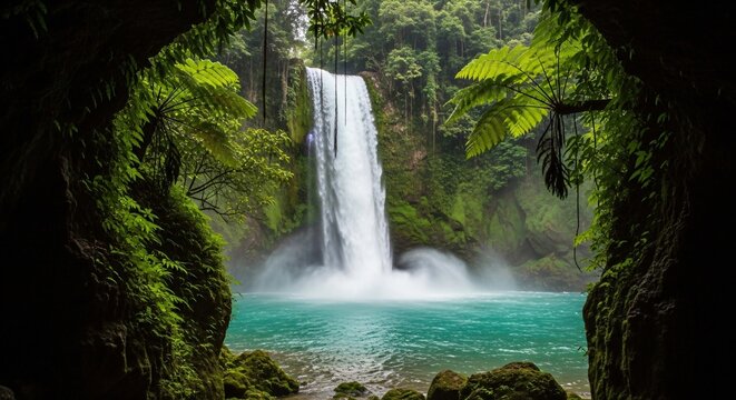 View of a waterfall cascading into a turquoise pool surrounded by lush green vegetation and rock formations