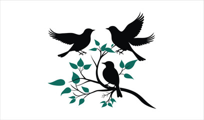 Three birds on branch silhouette with teal leaves