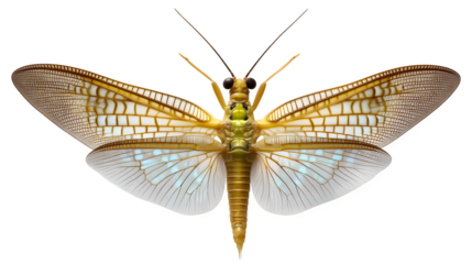 Mayfly with long tail filaments and upright posture, wings lifted, full view for scientific design cutouts