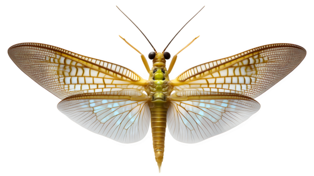 Mayfly with long tail filaments and upright posture, wings lifted, full view for scientific design cutouts