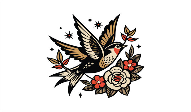 Traditional tattoo style swallow bird with flowers