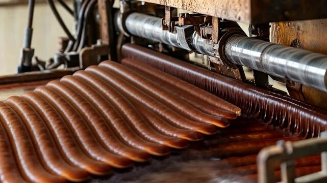 Long, brown, oblong food items being processed on a factory machine