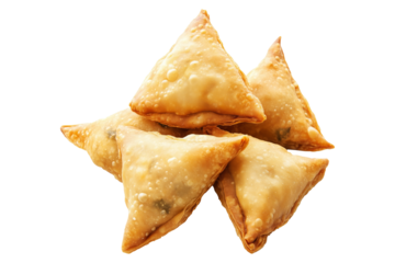 Golden brown crispy samosas isolated on white transparent background, traditional Indian snack concept with fried texture