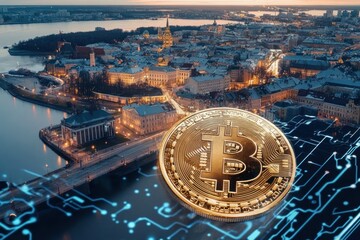 Latvia cryptocurrency economy, golden Bitcoin over Riga skyline, digital transaction data overlay