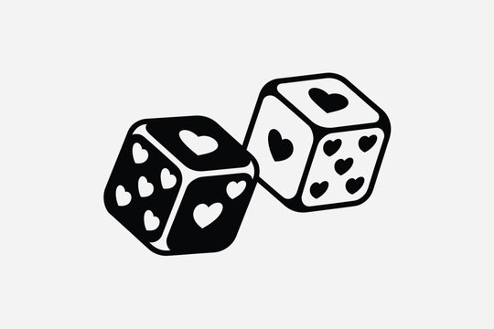 Two dice with heart shapes instead of dots black and white
