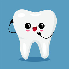 Smiling and waving kawaii tooth on blue background