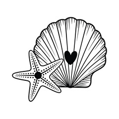 Starfish and Seashell with Heart Black and White Line Art