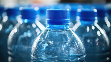 Stack of Blue Plastic Water Bottles in Soft Focus for Hydration Concept