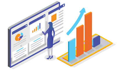 Isometric illustration of a woman analyzing data charts and graphs on a digital interface