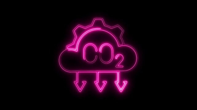 Neon co2 cloud with arrows and gear symbolizing carbon emissions reduction efforts