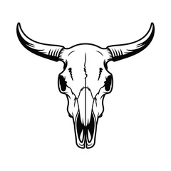 Monochrome Illustration of a Bovine Skull with Horns on White Background