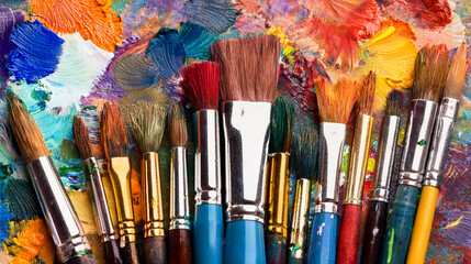 Fototapeta premium Flat Lay: Artist's Paint Brushes and Vibrant Paint Swatches 