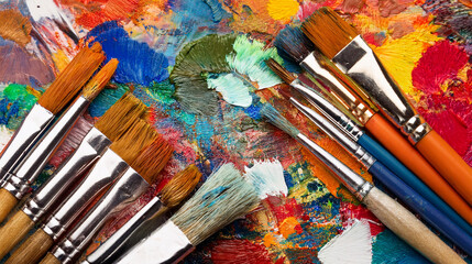 Obraz premium Flat Lay: Artist's Paint Brushes and Vibrant Paint Swatches 