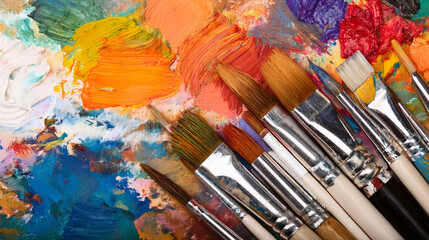 Fototapeta premium Flat Lay: Artist's Paint Brushes and Vibrant Paint Swatches 
