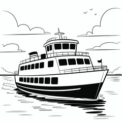 Black and White Ferry Boat Illustration with Clouds and Birds