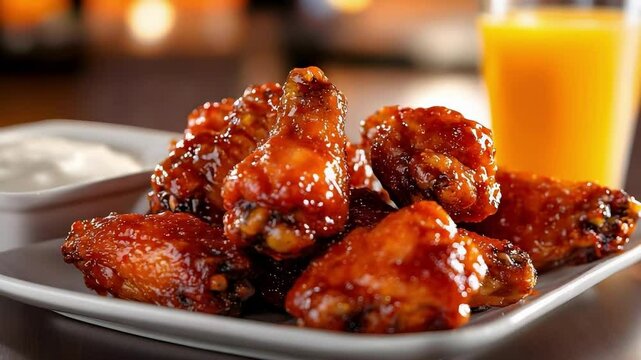 A plate of glazed chicken wings served with a side of dipping sauce and a glass of orange juice.