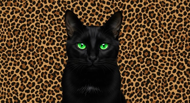 A black cat with green eyes is centered against a leopard print backdrop looking directly at the viewer - Powered by Adobe