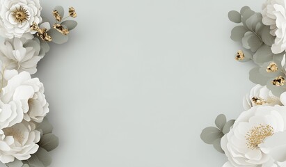 Elegant paper art background with white and gray tones, featuring a floral frame on the left border, gray leaves, and golden flower accents, centered empty space for text or product placement