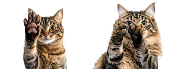 Close-Up of Playful Cat Covering Face with Paw in Cozy Home Setting, Isolated PNG