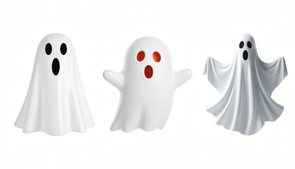 Three ethereal ghosts glowing in the dark with a mysterious atmosphere and enchanting firefly lights surrounding them isolate on transparent background PNG