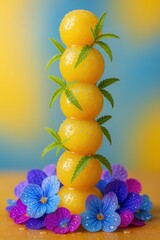 Melon ball tower stacked with lemon verbena leaves and surrounded by vibrant blue and purple flowers stands as a colorful fruit arrangement for summer celebrations.

